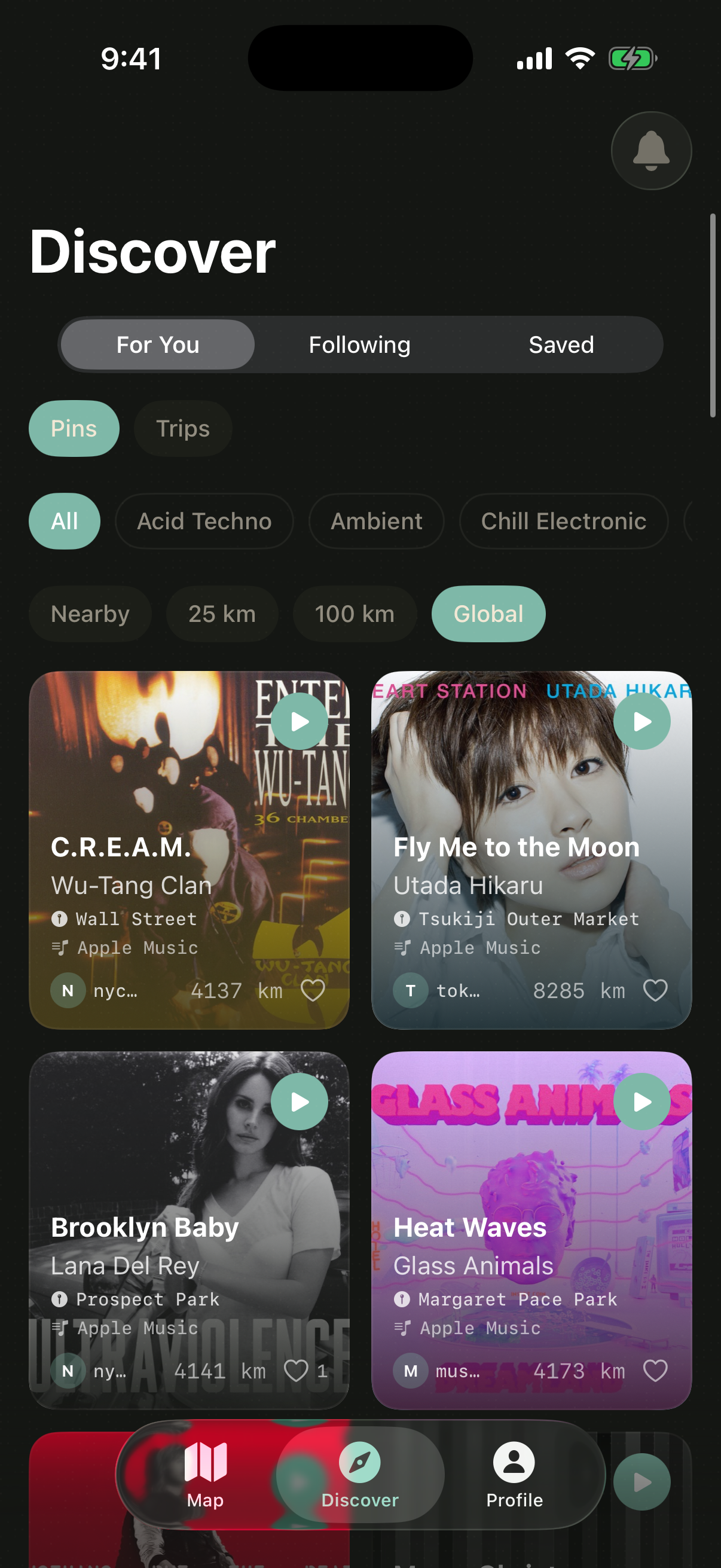 Paseo discover feed showing songs pinned nearby