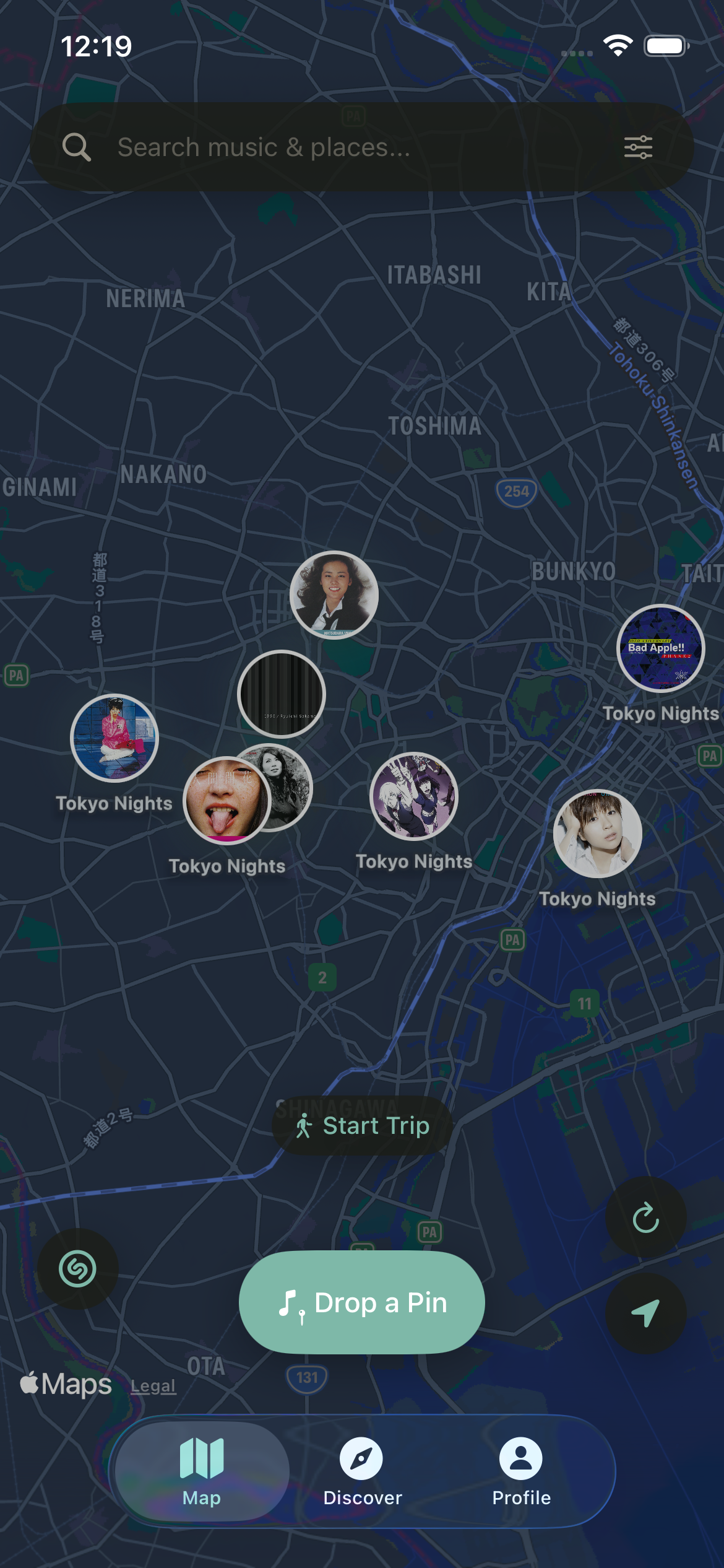 Paseo app showing a map with album art pins
