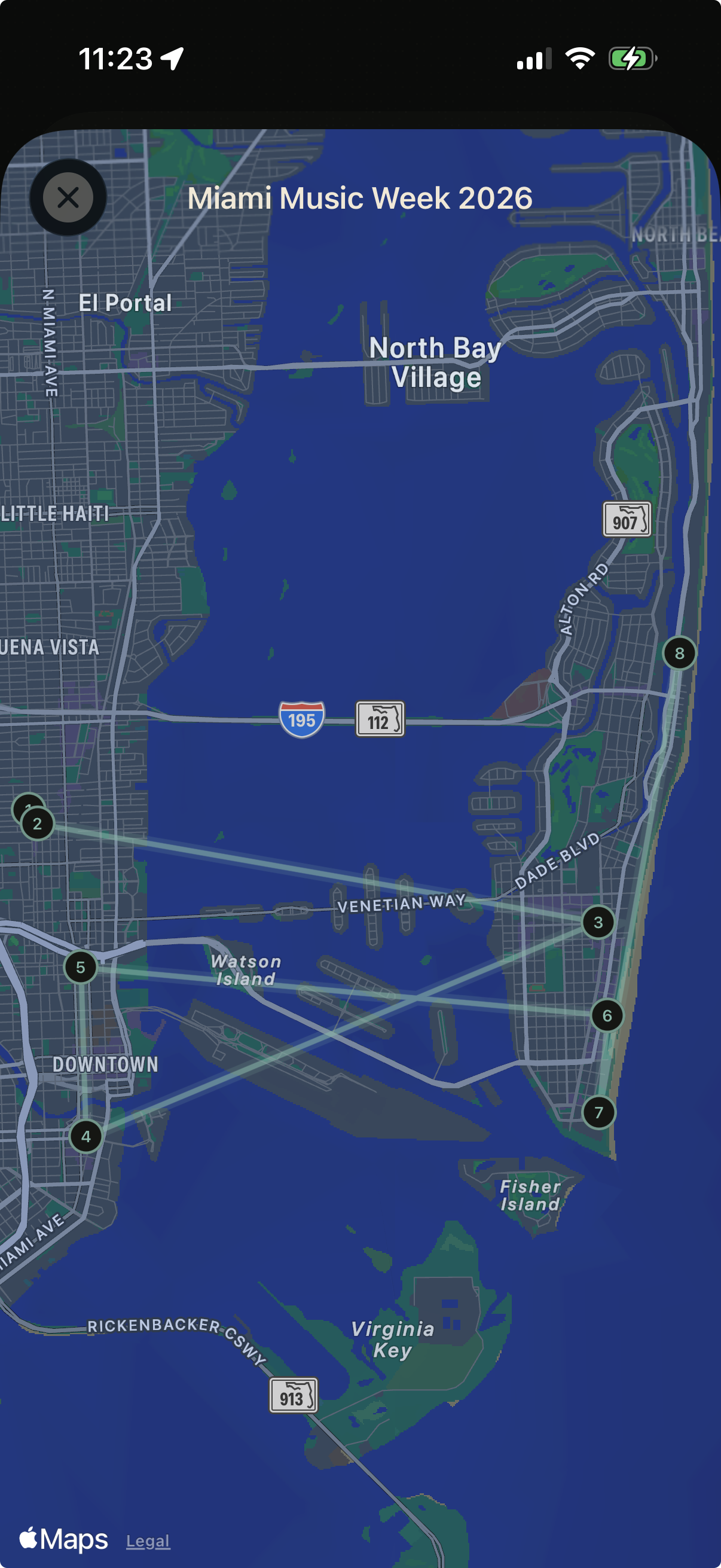 Paseo app showing a trip with connected pins